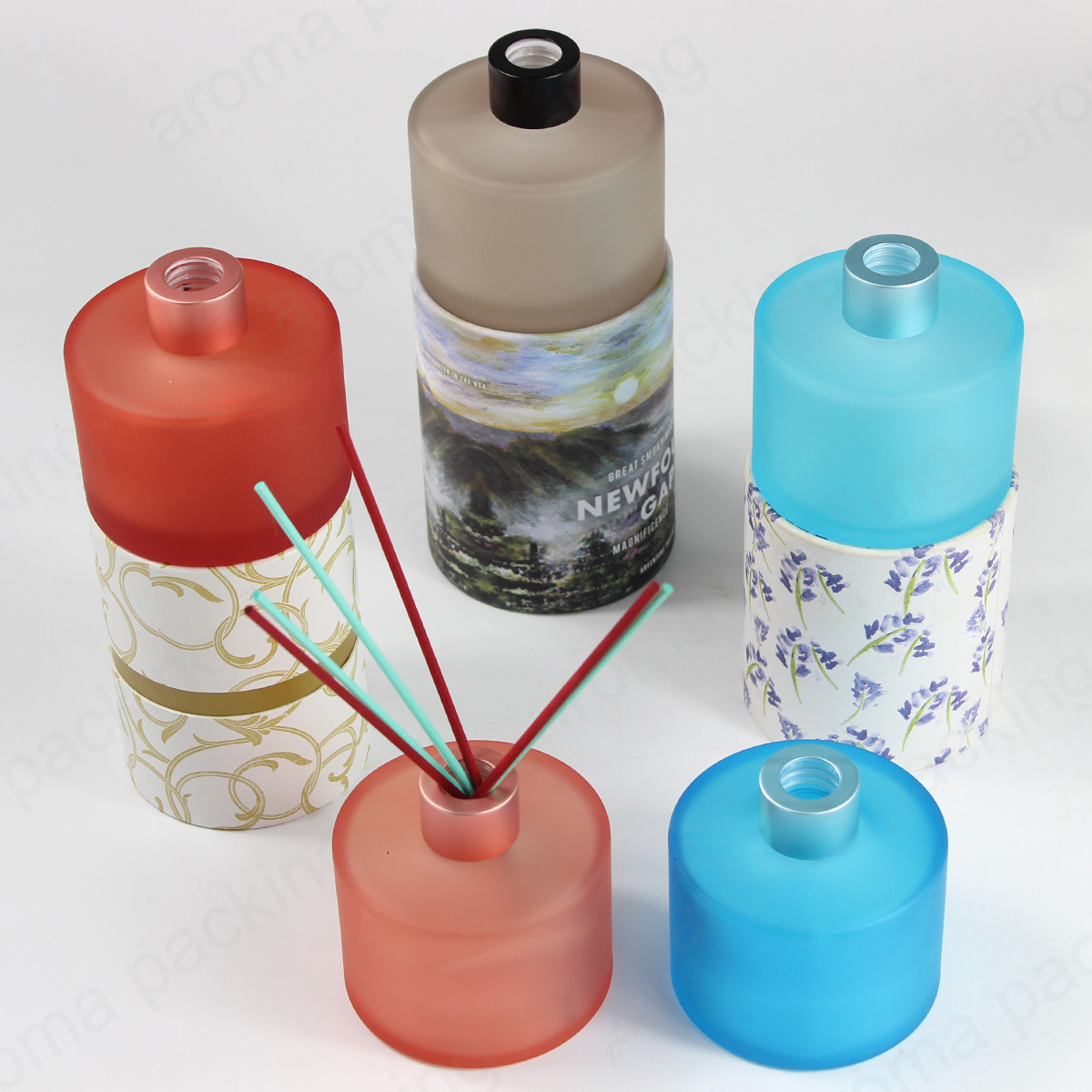 100ml 200ml blue frosted reed diffuser glass bottle with black cap