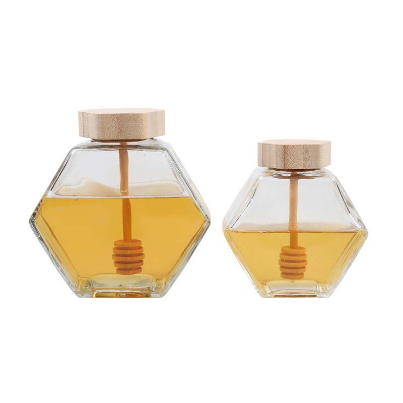 100ml 220ml 380ml glass jar honey mini honey jars glass hexagonal seal designed storage container jars with wood bamboo lid