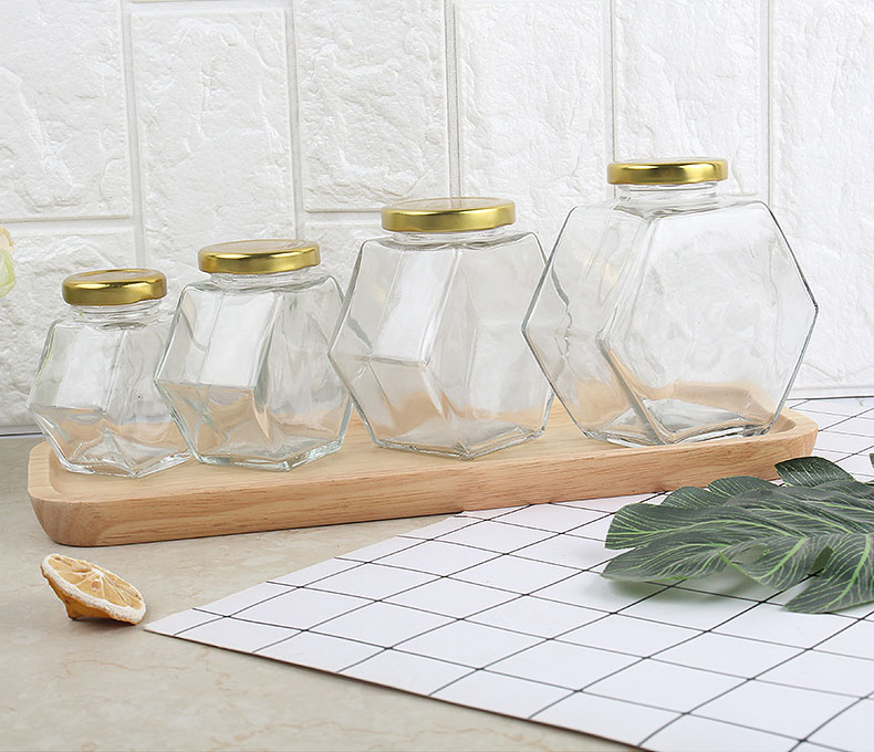 100ml 220ml 380ml glass jar honey mini honey jars glass hexagonal seal designed storage container jars with wood bamboo lid