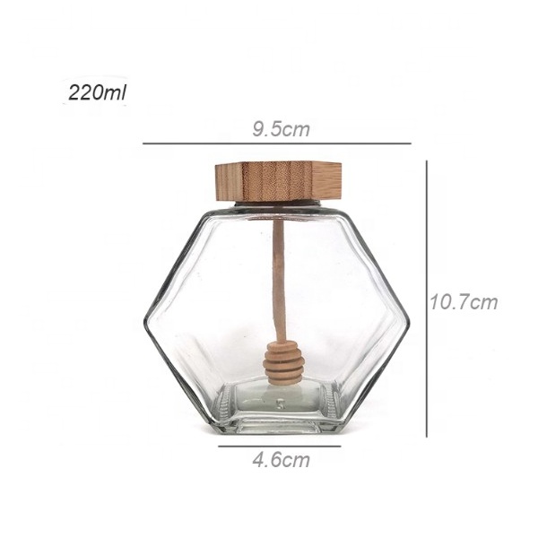 100ml 220ml 380ml hexagonal glass honey jar with bamboo lid and dipper wholesale