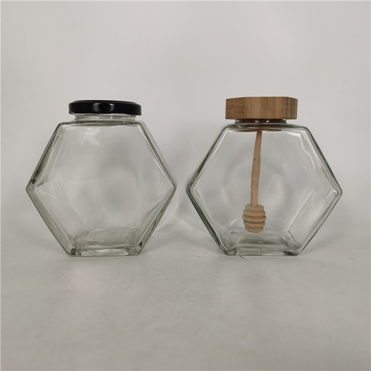 100ml 230ml 380ml 730ml 0.3kg 0.5kg hexagonal glass honey jar with dipper cover