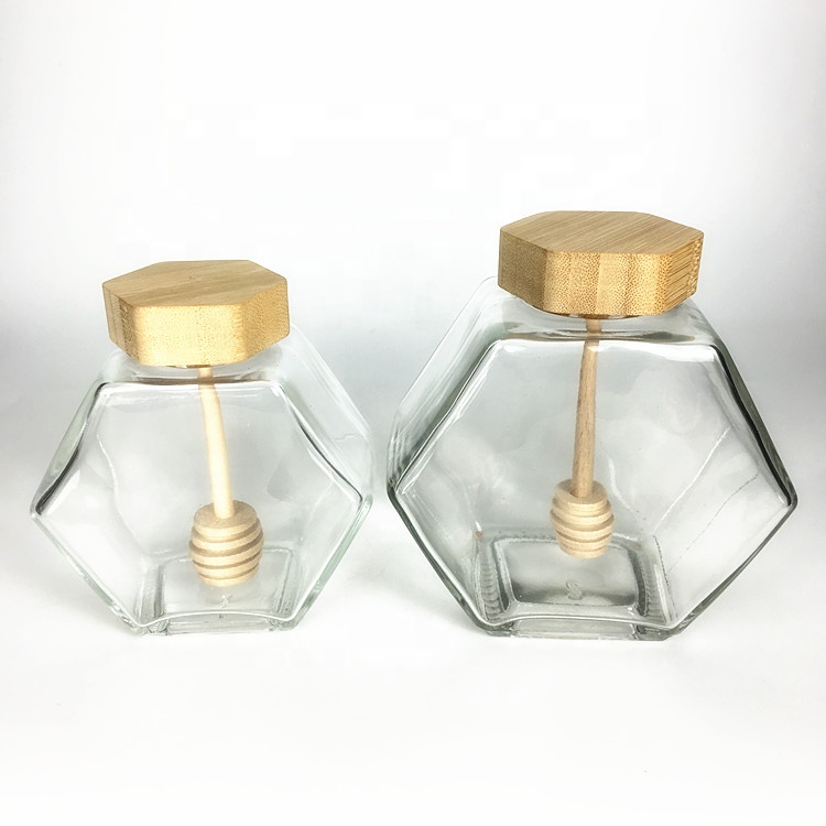 100ml 230ml 380ml 730ml 0.3kg 0.5kg hexagonal glass honey jar with dipper cover