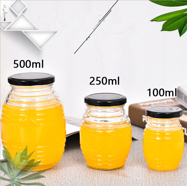 100ml 250ml 500ml 1000ml retro beehive round glass jar honey with the black metal lid