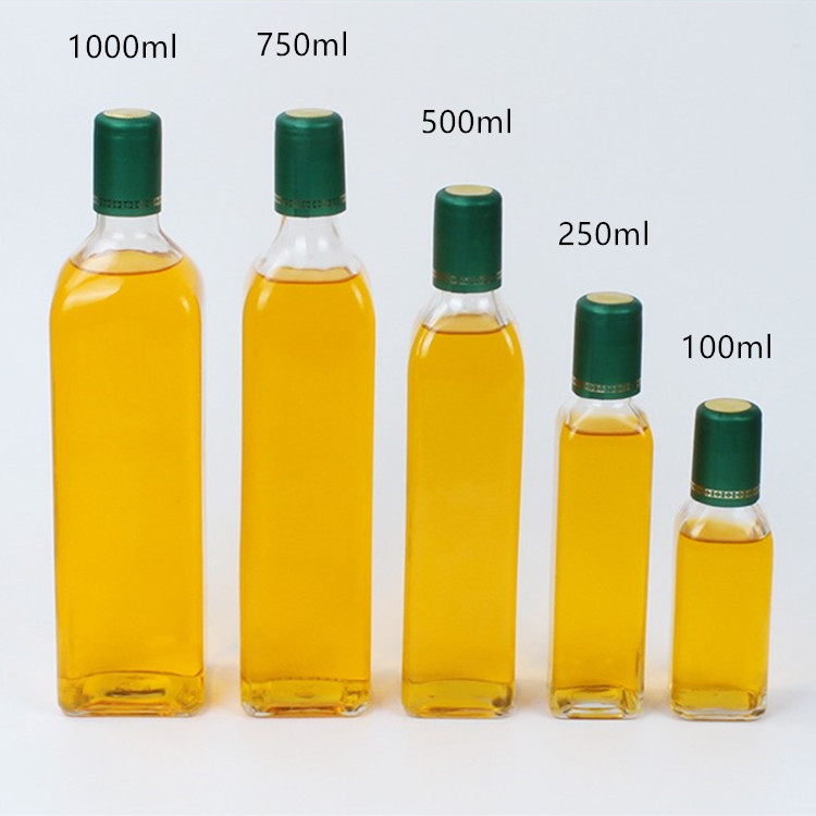 100ml 250ml 500ml 750ml 1L clear square shape glass oil bottle with metal lid