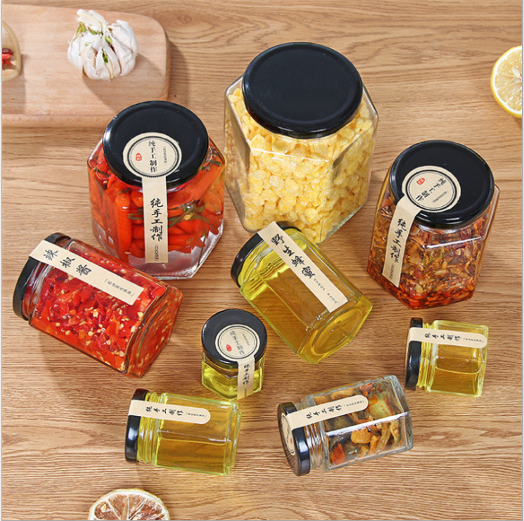100ml 280ml 380ml Hexagonal Honey Chili Sauce Glass Bottles With Screw Tin Lid