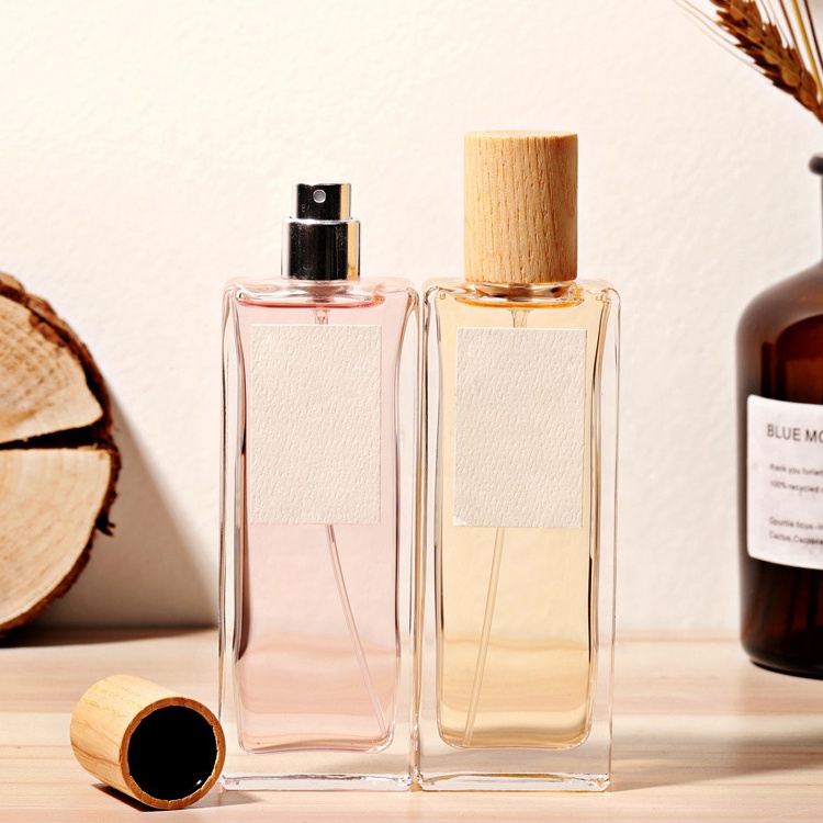 100ml 3.4oz wooden lids pink square perfume glass bottle with box packaging for Lotion and hair