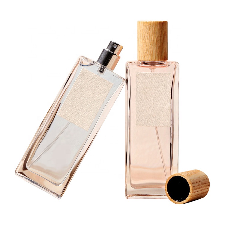 100ml 3.4oz wooden lids pink square perfume glass bottle with box packaging for Lotion and hair