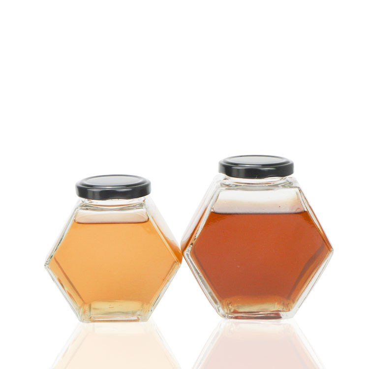 100ml 500ml 750ml High Quality Storage Bottles Hexagon Shape Jam Glass Honey Jar with Mental Black Lids