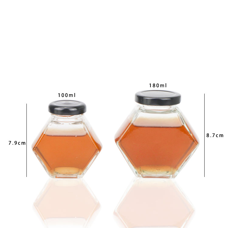 100ml 500ml 750ml High Quality Storage Bottles Hexagon Shape Jam Glass Honey Jar with Mental Black Lids
