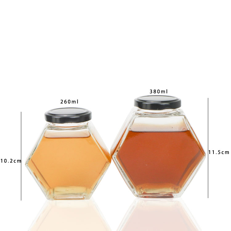 100ml 500ml 750ml High Quality Storage Bottles Hexagon Shape Jam Glass Honey Jar with Mental Black Lids