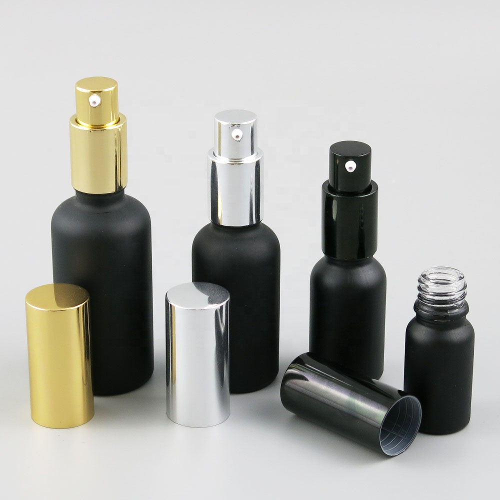 100ml  50ml 30ml 20ml 15ml 10ml 5ml black frost Glass essential oil bottle with Pump