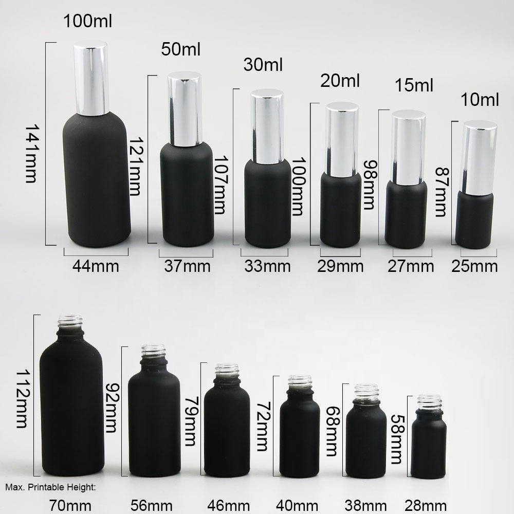 100ml 50ml 30ml 20ml 15ml 10ml 5ml black frost Glass essential oil bottle with Pump