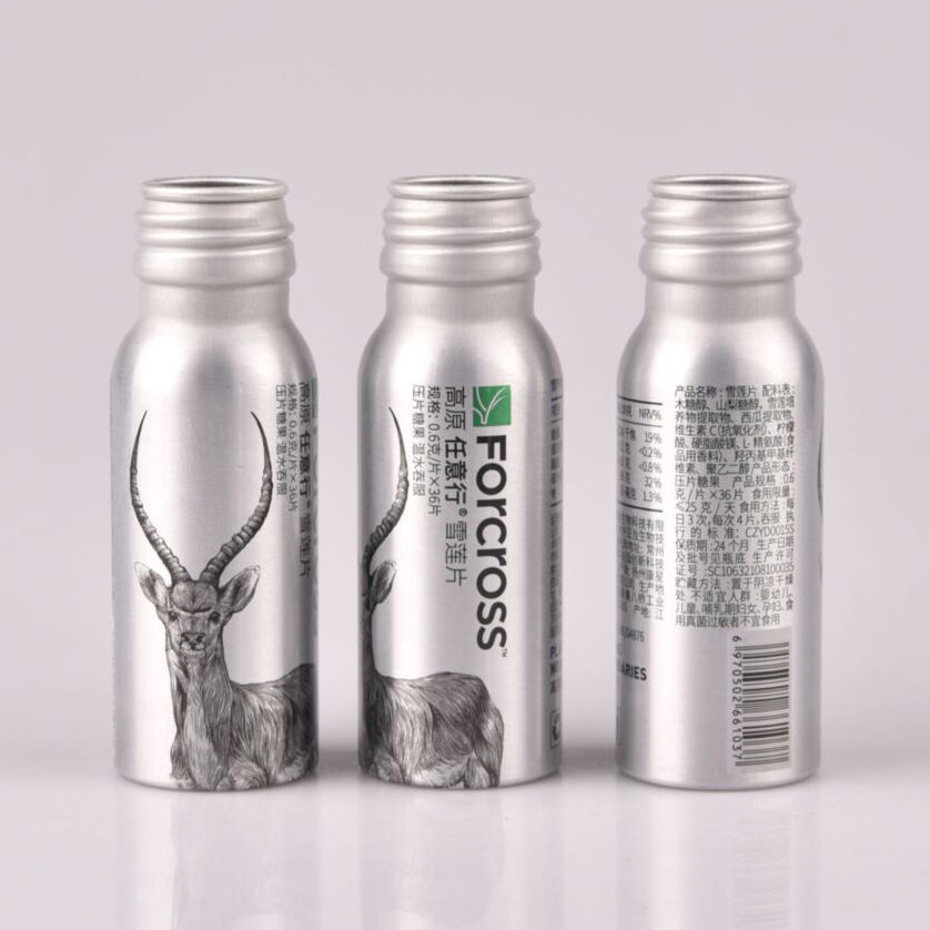 100ml 60ml empty aluminum beverage bottle with aluminum pilfer proof caps