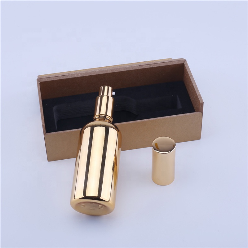 100ml Empty Perfume Glass Bottle Makeup Containers Refillable Packing UV Golden Essential Oil Bottles with Pump Sprayer with Box