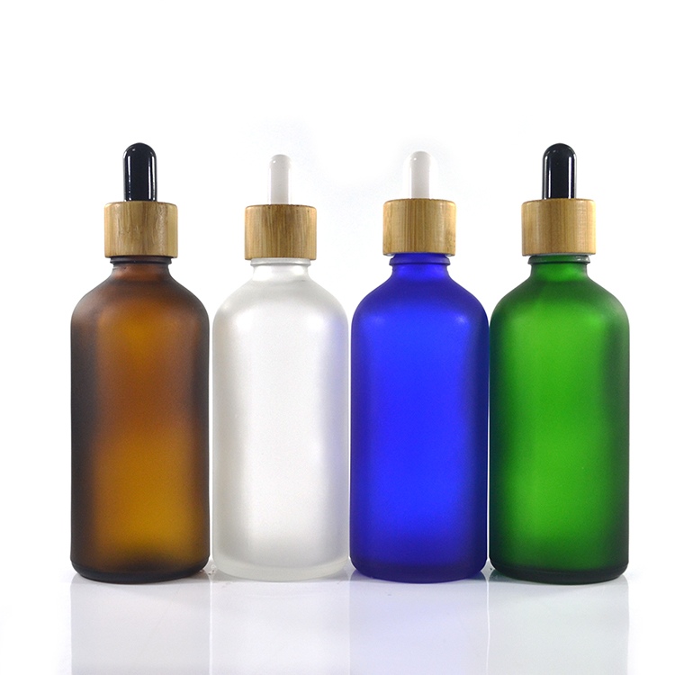 100ml Frosted color glass dropper bottle with bamboo lids For oil packaging wholesales