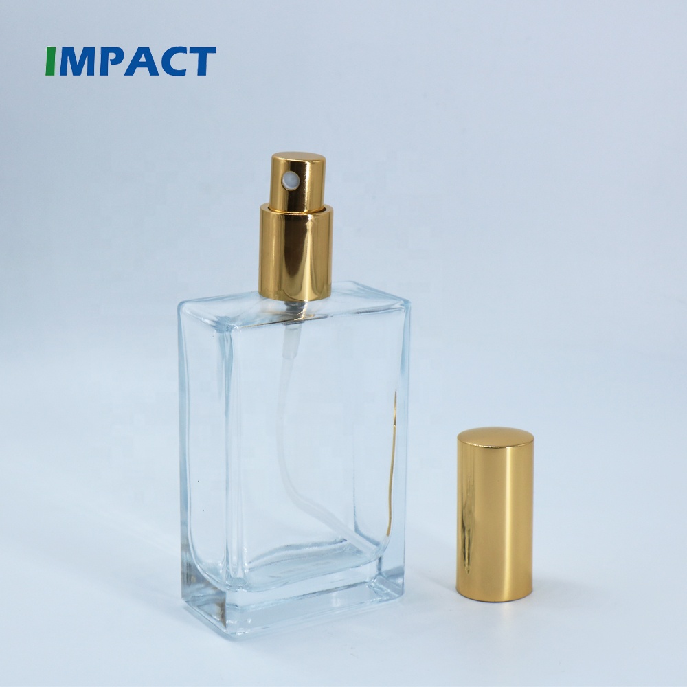 100ml Square Glass Bottle with Gold Mist Pump