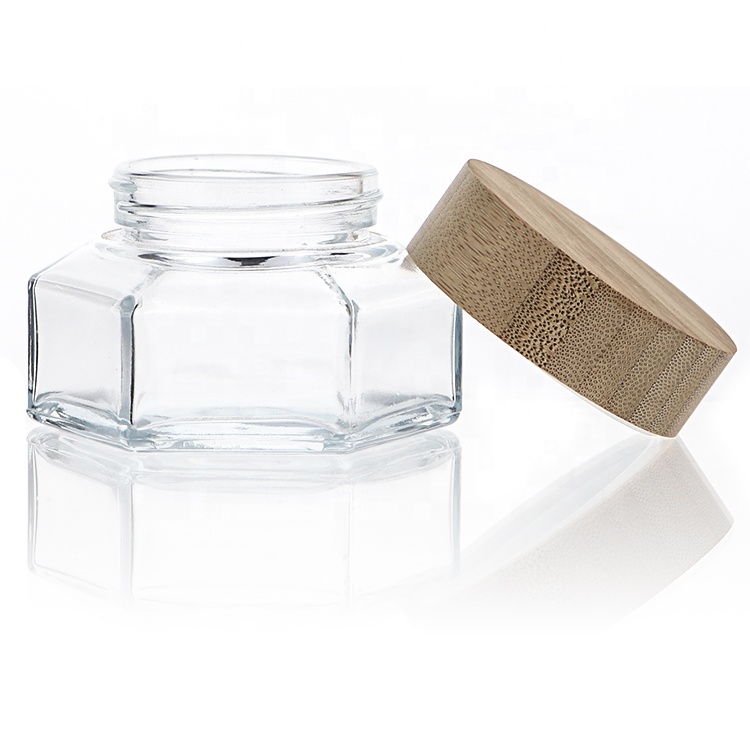 100ml Unique Hexagon Bamboo Glass Jar Lotion Cream Containers For Cosmetic