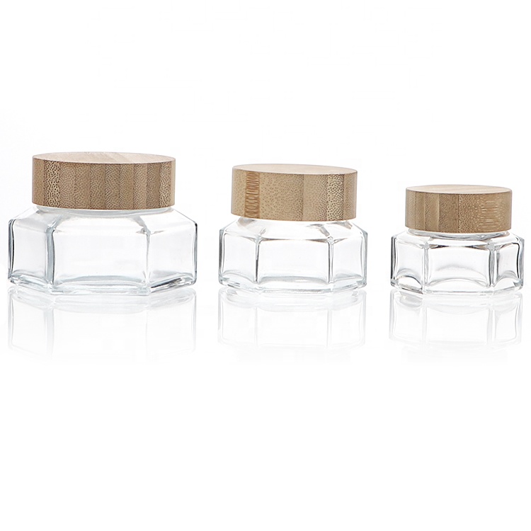 100ml Unique Hexagon Bamboo Glass Jar Lotion Cream Containers For Cosmetic
