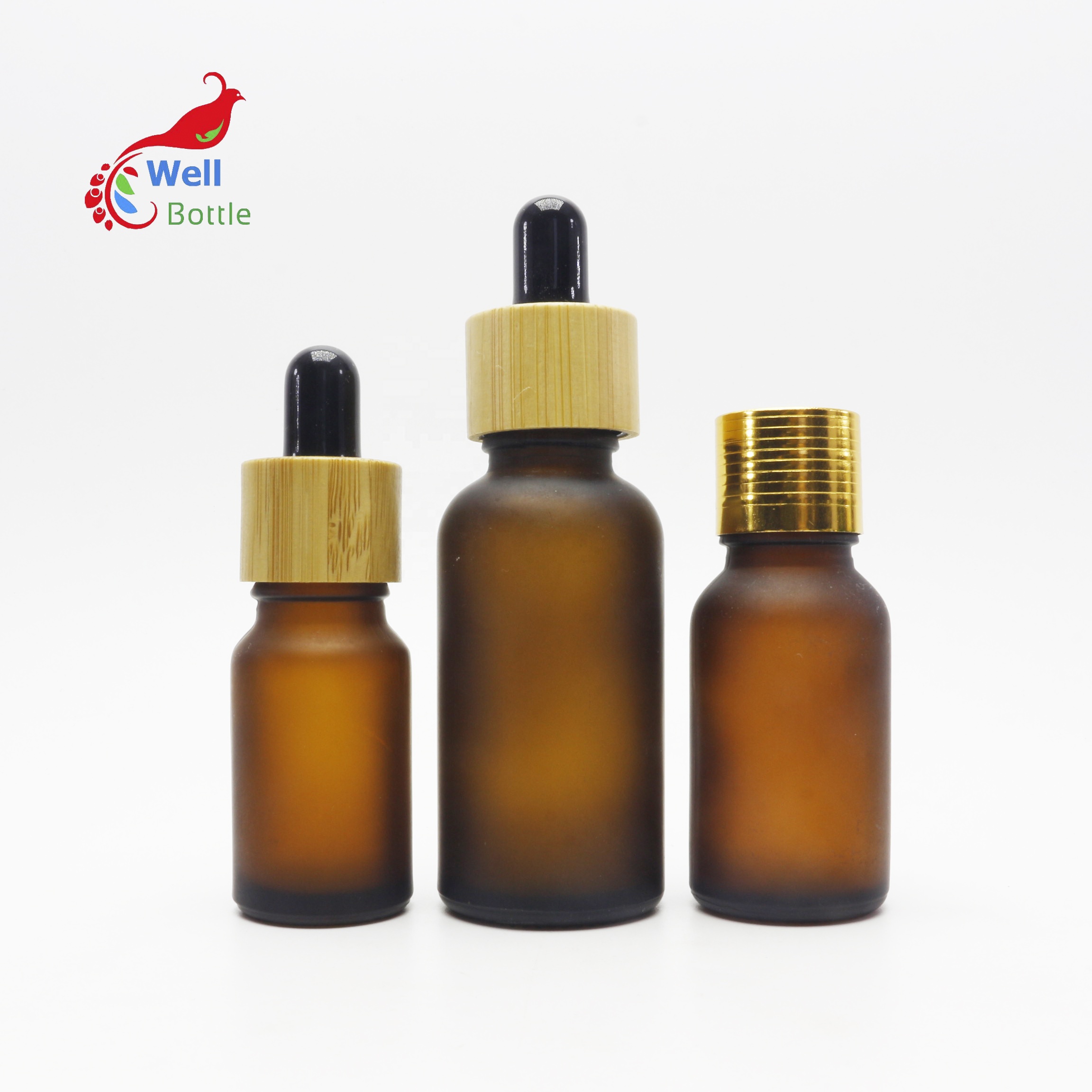 100ml amber frosted brown dropper pump spray essential oil glass cosmetic bottle with bamboo cap GB-80B