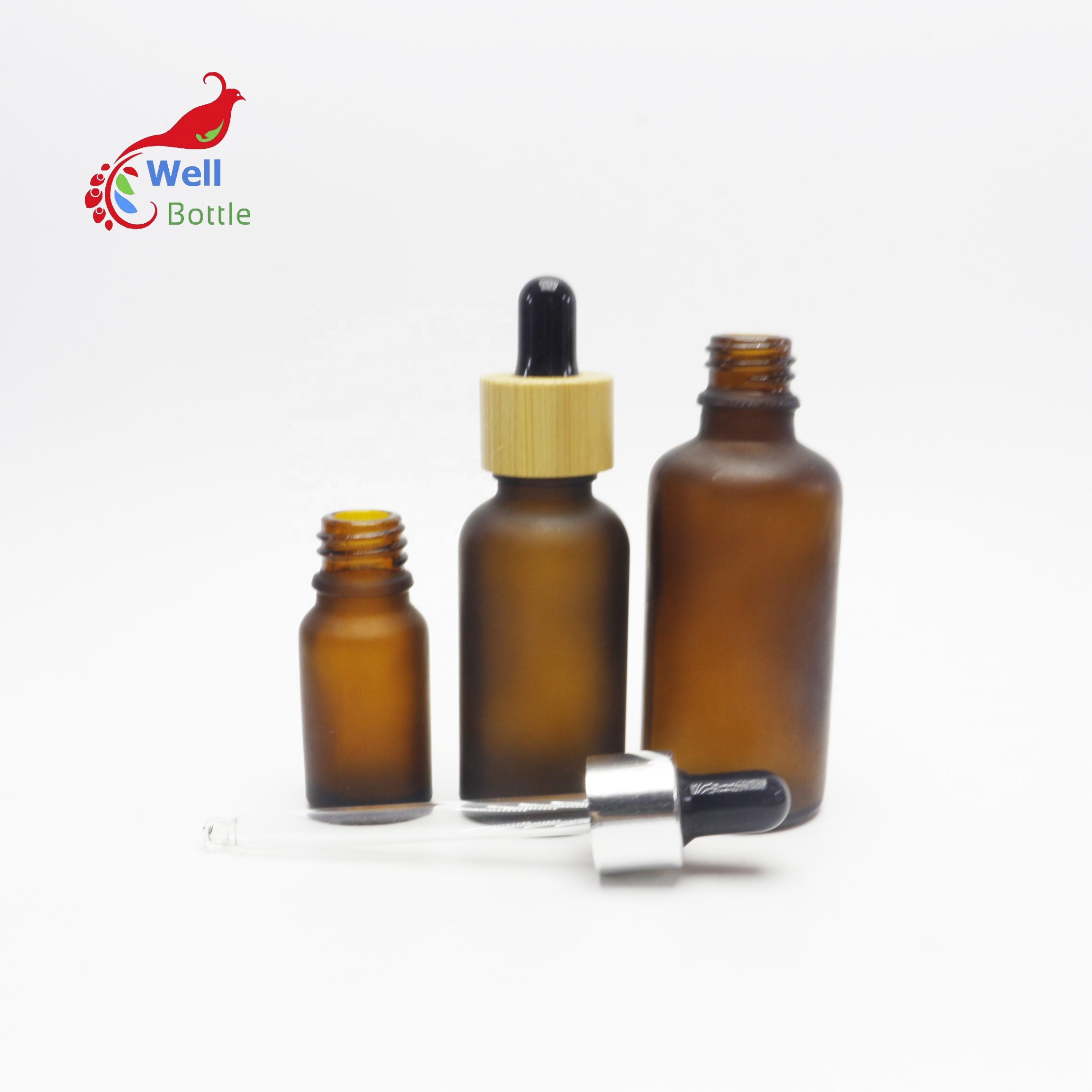 100ml amber frosted brown dropper pump spray essential oil glass cosmetic bottle with bamboo cap GB-80B