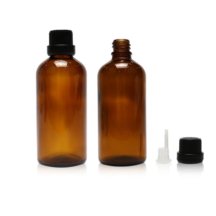 100ml amber glass essence oil bottle with black screw cap