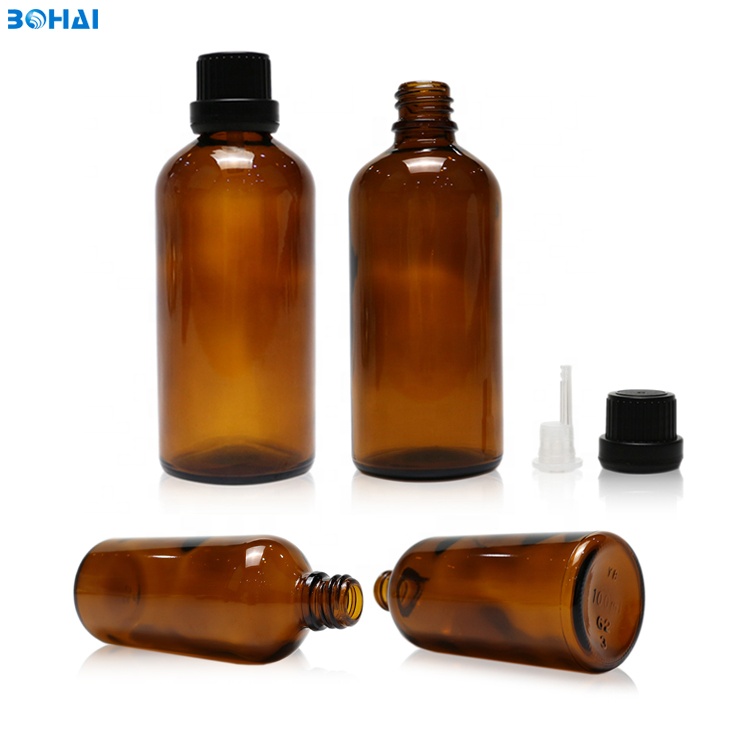 100ml amber glass essence oil bottle with black screw cap