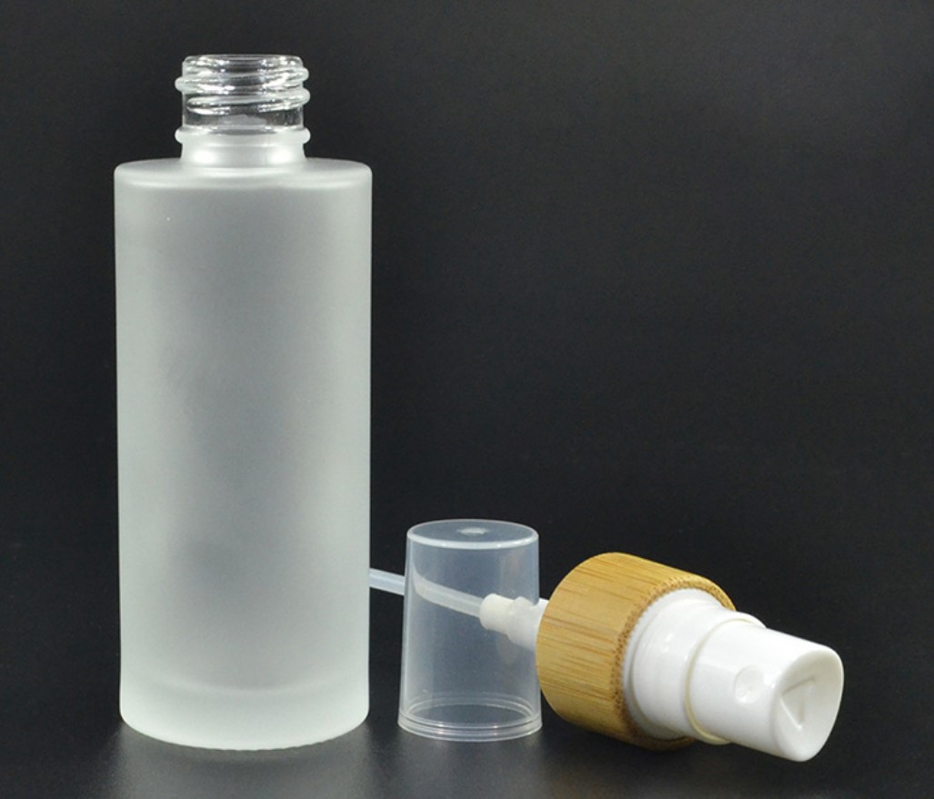 100ml bamboo collar frosted glass lotion pump bottle with bamboo lid