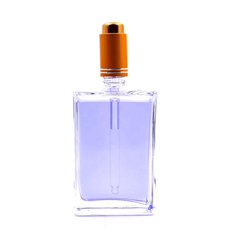 100ml clear empty flat square screen printing glass bottle for essential oil serum cosmetic packing with gold dropper pump cap