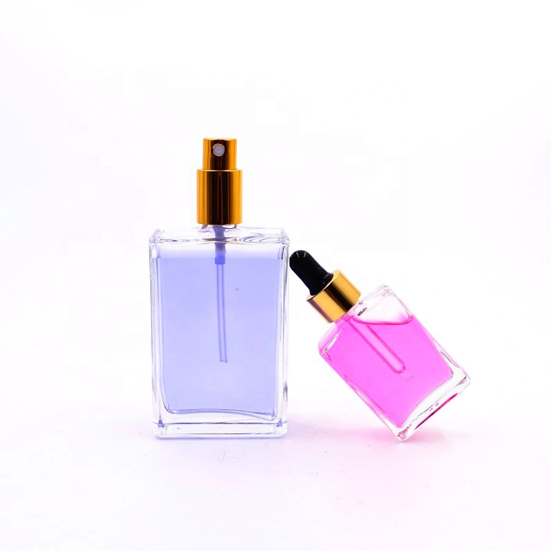 100ml clear empty flat square screen printing glass bottle for essential oil serum cosmetic packing with gold dropper pump cap