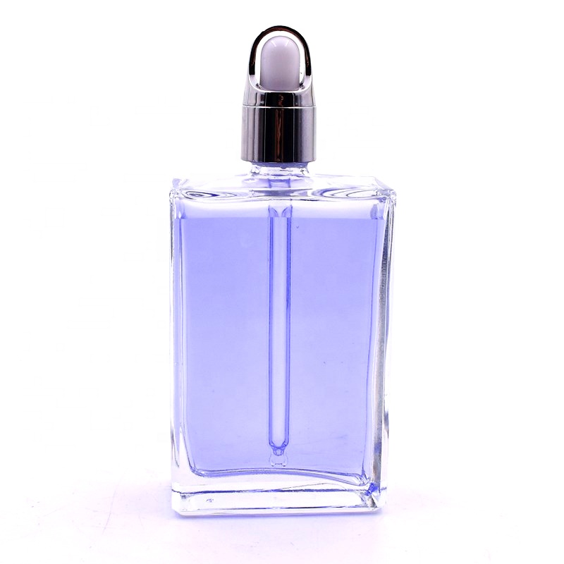 100ml clear empty flat square screen printing glass bottle for essential oil serum cosmetic packing with gold dropper pump cap