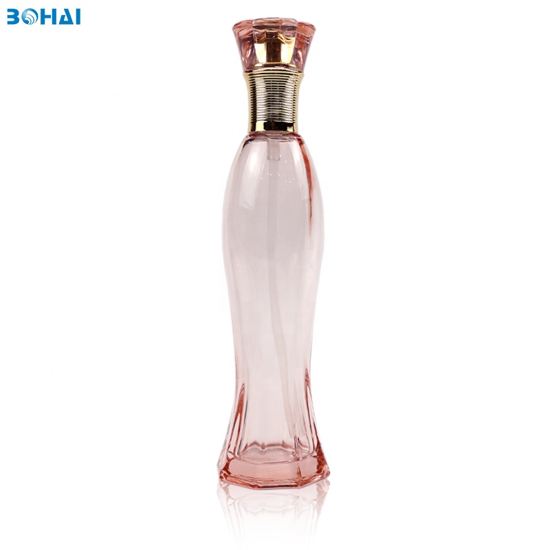 100ml clear pink glass serum bottle with lotion pump flower cap