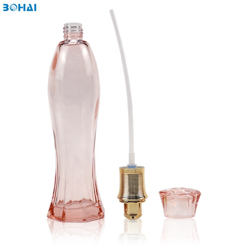 100ml clear pink glass serum bottle with lotion pump flower cap