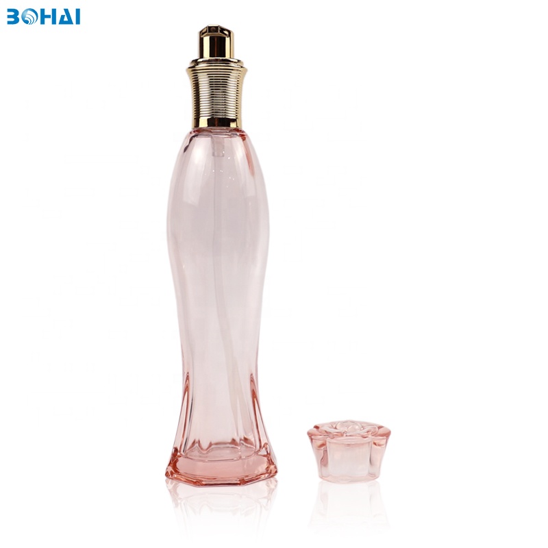 100ml clear pink glass serum bottle with lotion pump flower cap