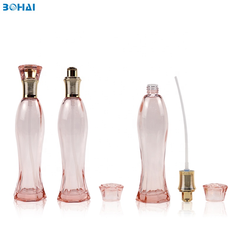 100ml clear pink glass serum bottle with lotion pump flower cap