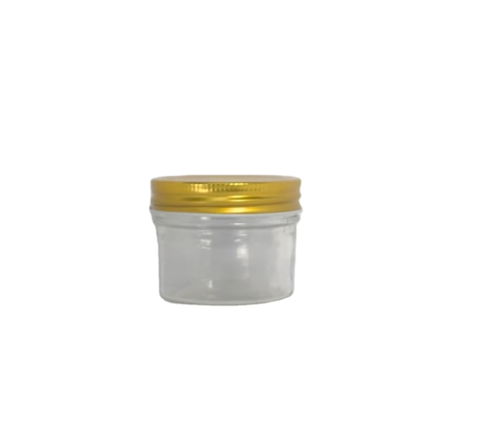 100ml clear round glass jar with silver metal screw cap and colorful labels