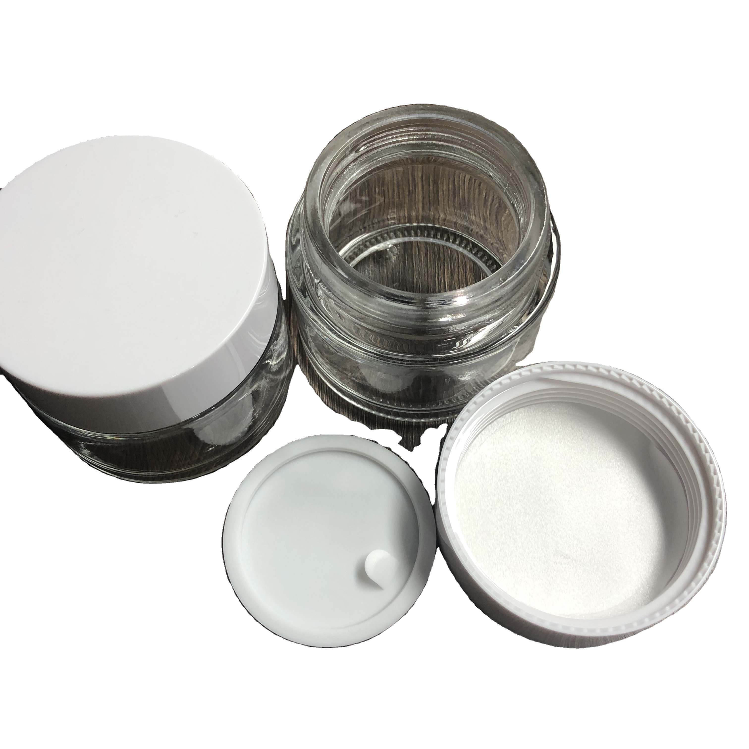 100ml cream cosmetic glass jar with glossy white smooth PP cap and inner tape
