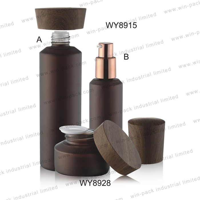 100ml fancy luxury unique cosmetic glass pump lotion  bottle with black wooden color lid and stopper