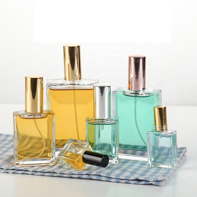100ml flat square glass perfume bottle with golden stainless steel caps
