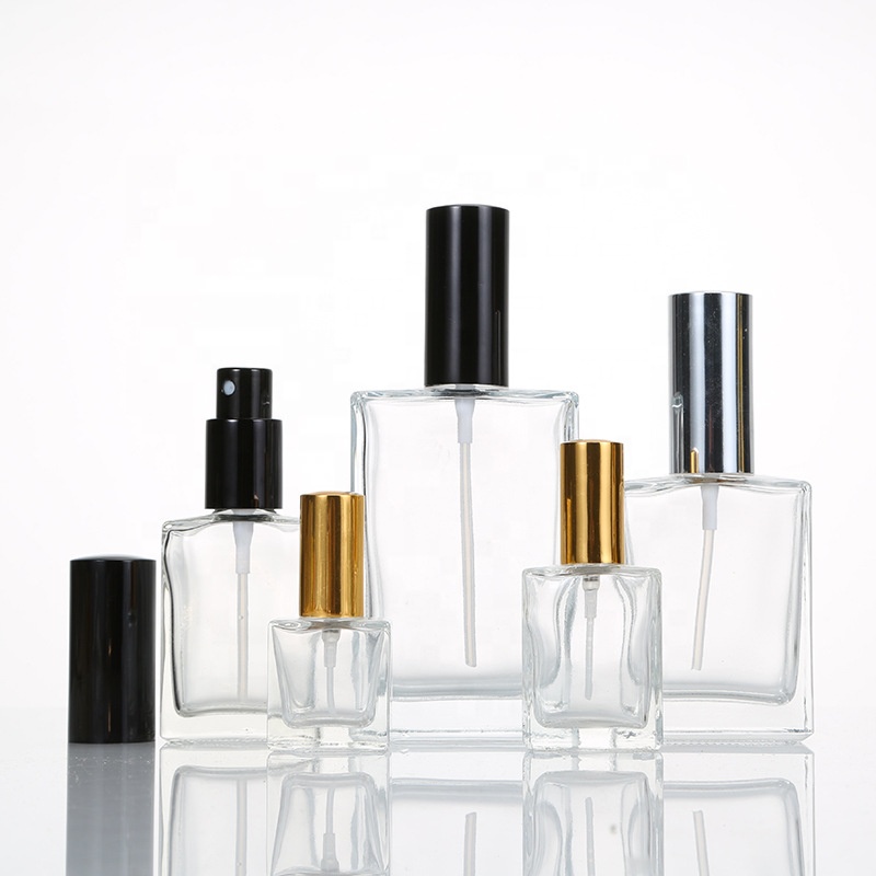 100ml flat square glass perfume bottle with golden stainless steel caps