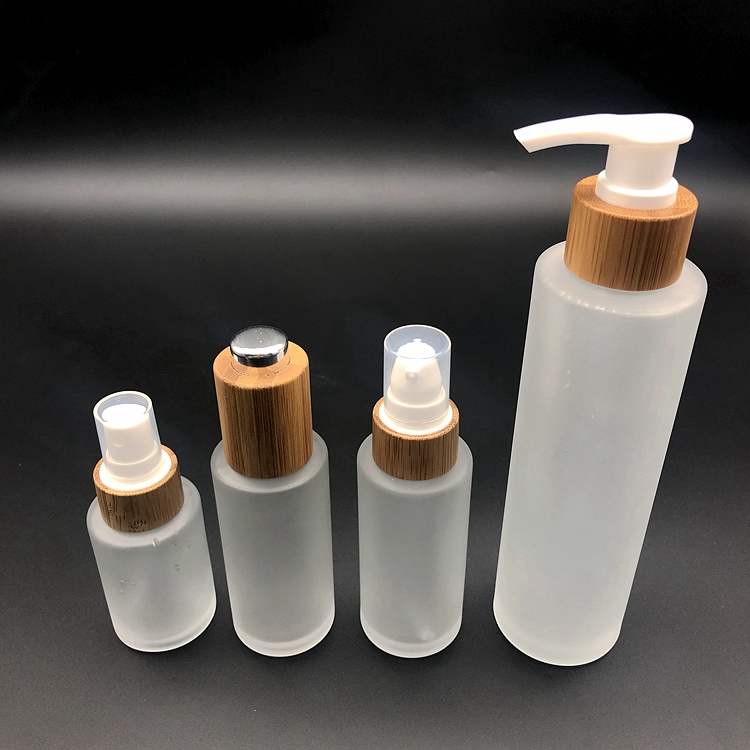 100ml frosted glass bottle with bamboo pump or dropper or sprayer
