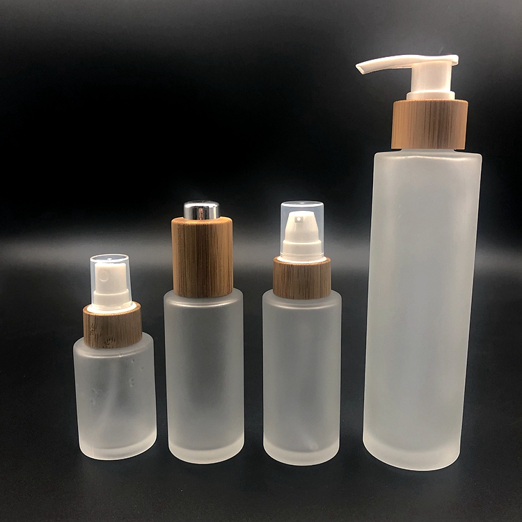 100ml frosted glass bottle with bamboo pump or dropper or sprayer