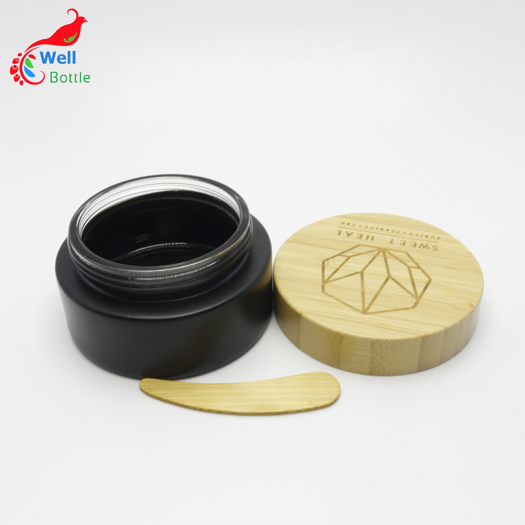100ml frosted matte black glass jar with bamboo lids for cosmetic skin care cream J150E