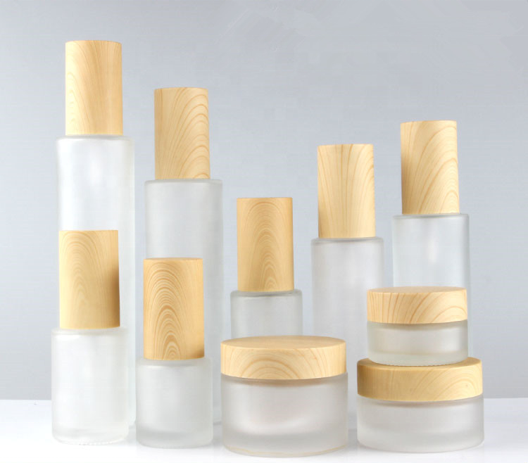 100ml lotion jars  with bamboo lid cosmetic bottles with wooden cap Cosmetic frosted glass bottle