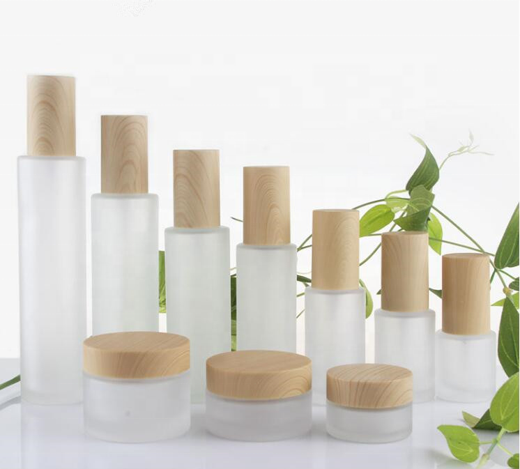 100ml lotion jars with bamboo lid cosmetic bottles with wooden cap Cosmetic frosted glass bottle