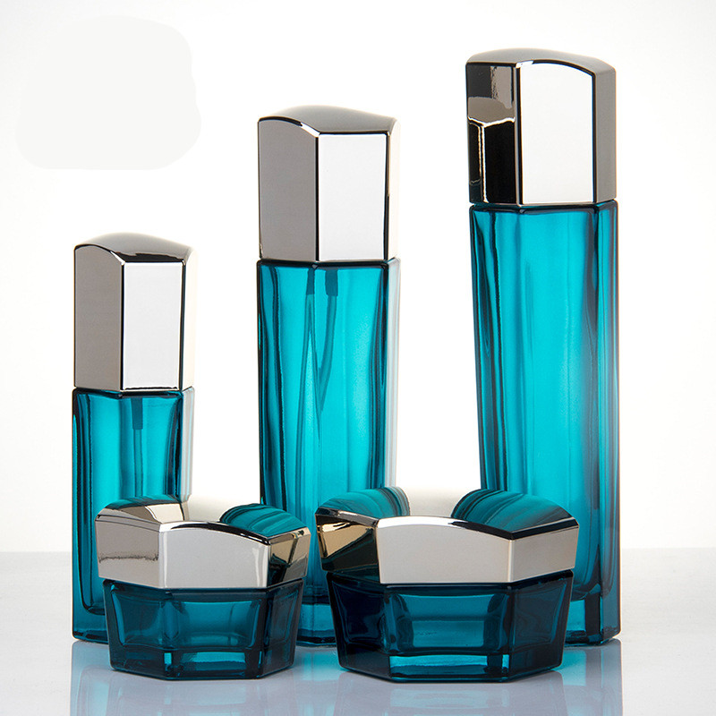 100ml luxury blue glass hexagon cream jar cosmetic container set 50ml cosmetic packaging jars bottles  with aluminum cap