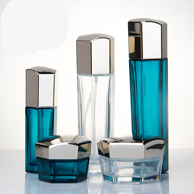 100ml luxury blue glass hexagon cream jar cosmetic container set 50ml cosmetic packaging jars bottles with aluminum cap