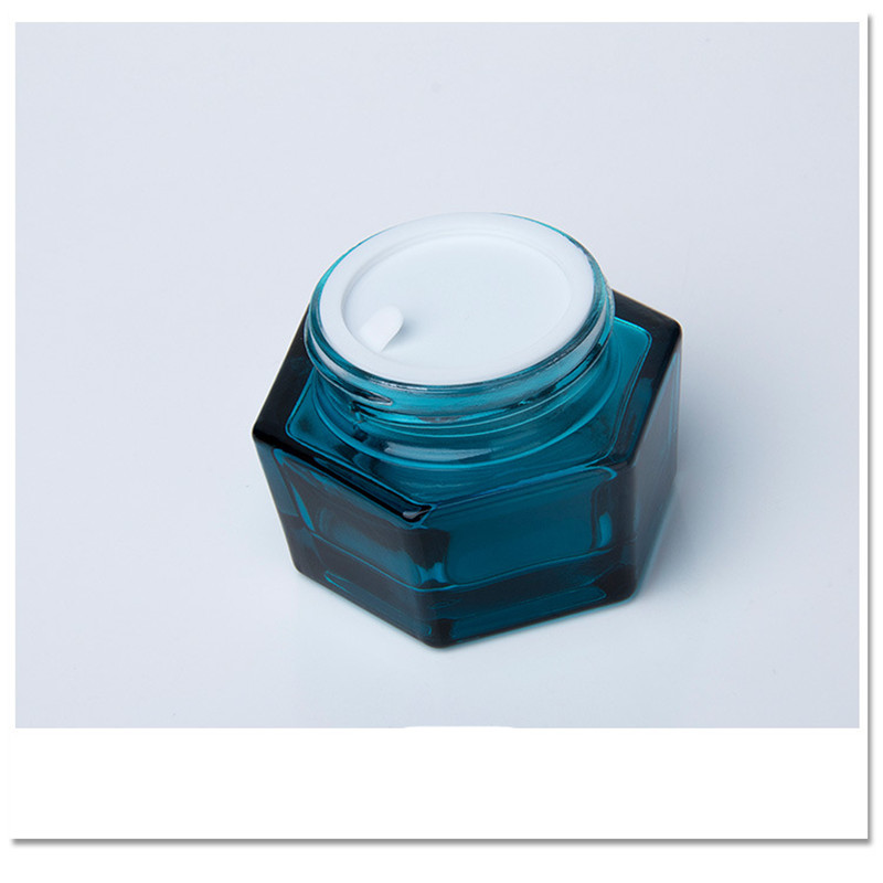 100ml luxury blue glass hexagon cream jar cosmetic container set 50ml cosmetic packaging jars bottles with aluminum cap