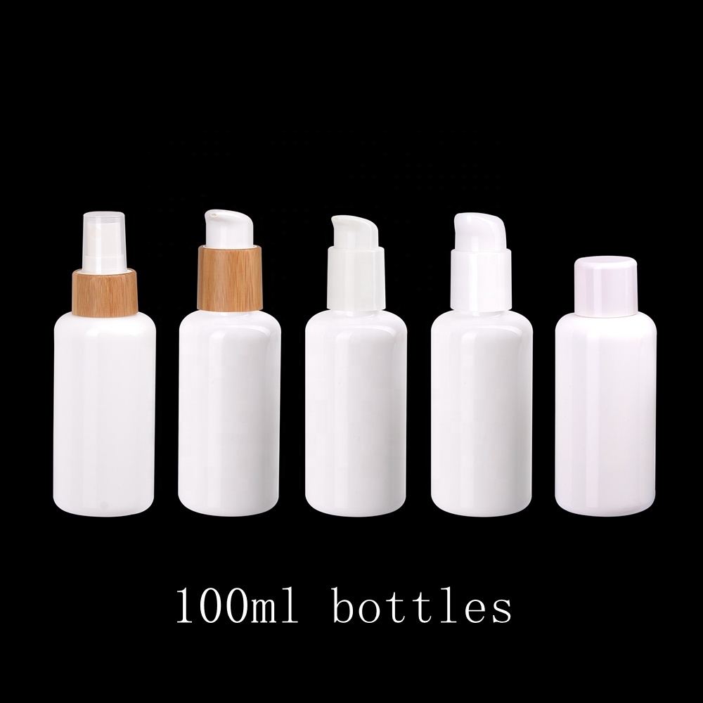 100ml opal glass bottle opaque white bottle with 24/410 bamboo wood plastic switch on-off lotion pump for cosmetic body lotion