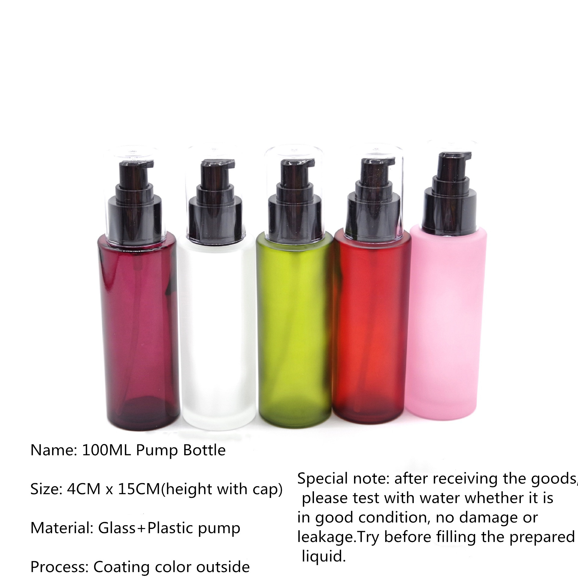 100ml red/pink/green/frosted/wine red colorful lotion pump glass bottle with transparent cap