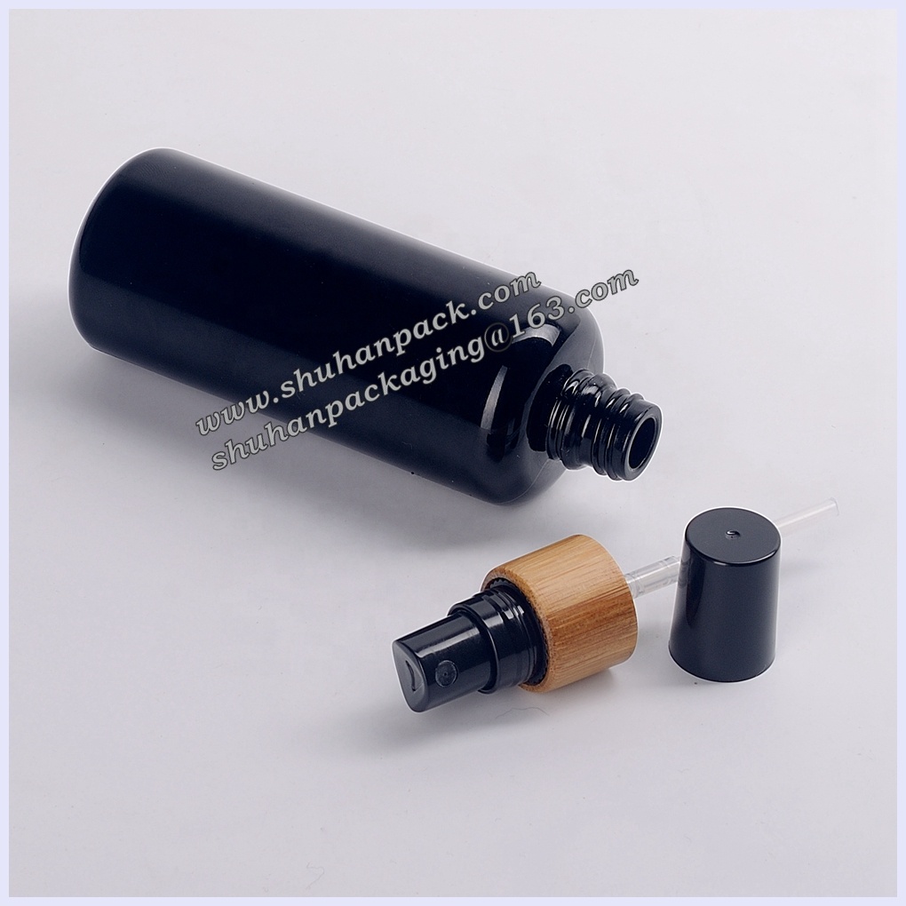 100ml violet black glass bottle empty cosmetic packaging 100 ml black essential oil bottle with bamboo wood fine mist sprayer
